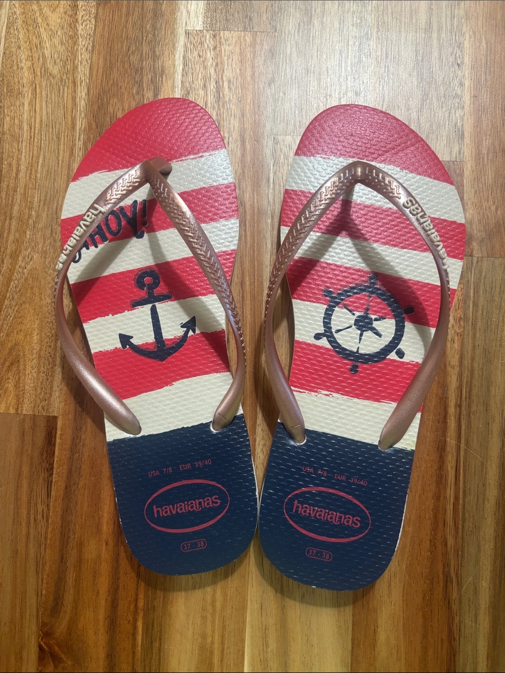 Havaianas Striped Nautical Flip Flops - Red, White & Navy with Rose-Gold Straps